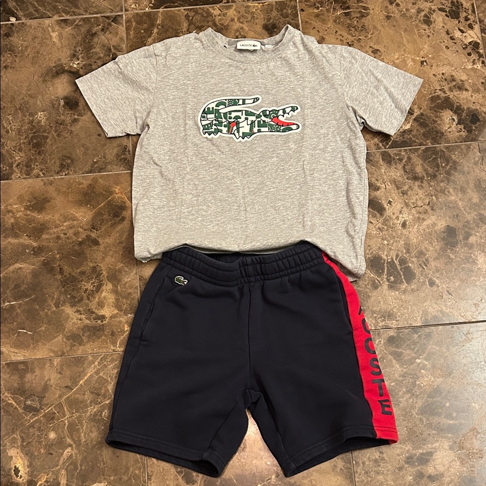 Lacoste Kids T-shirt and Shorts in Navy with Red Stripe